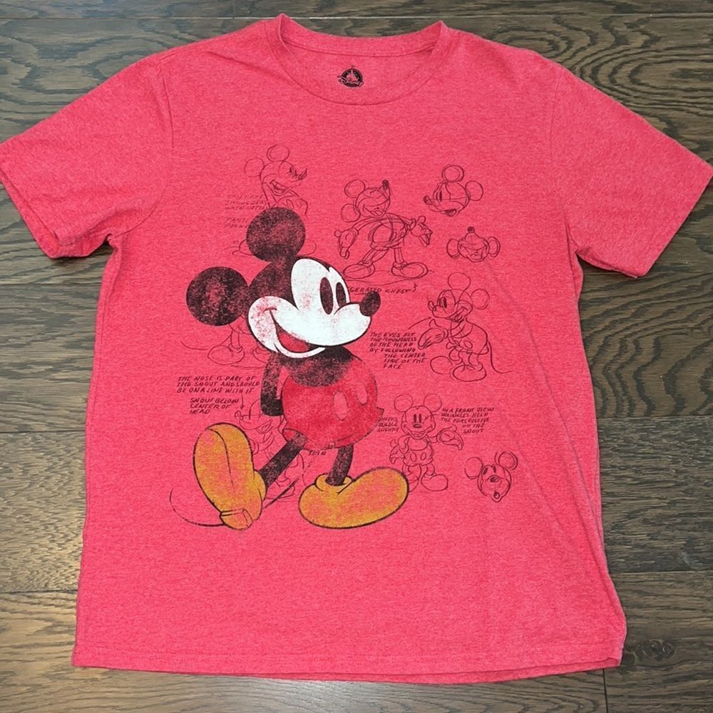 Vintage style Red Walt Disney World Orlando Mickey Mouse history notes T Shirt L